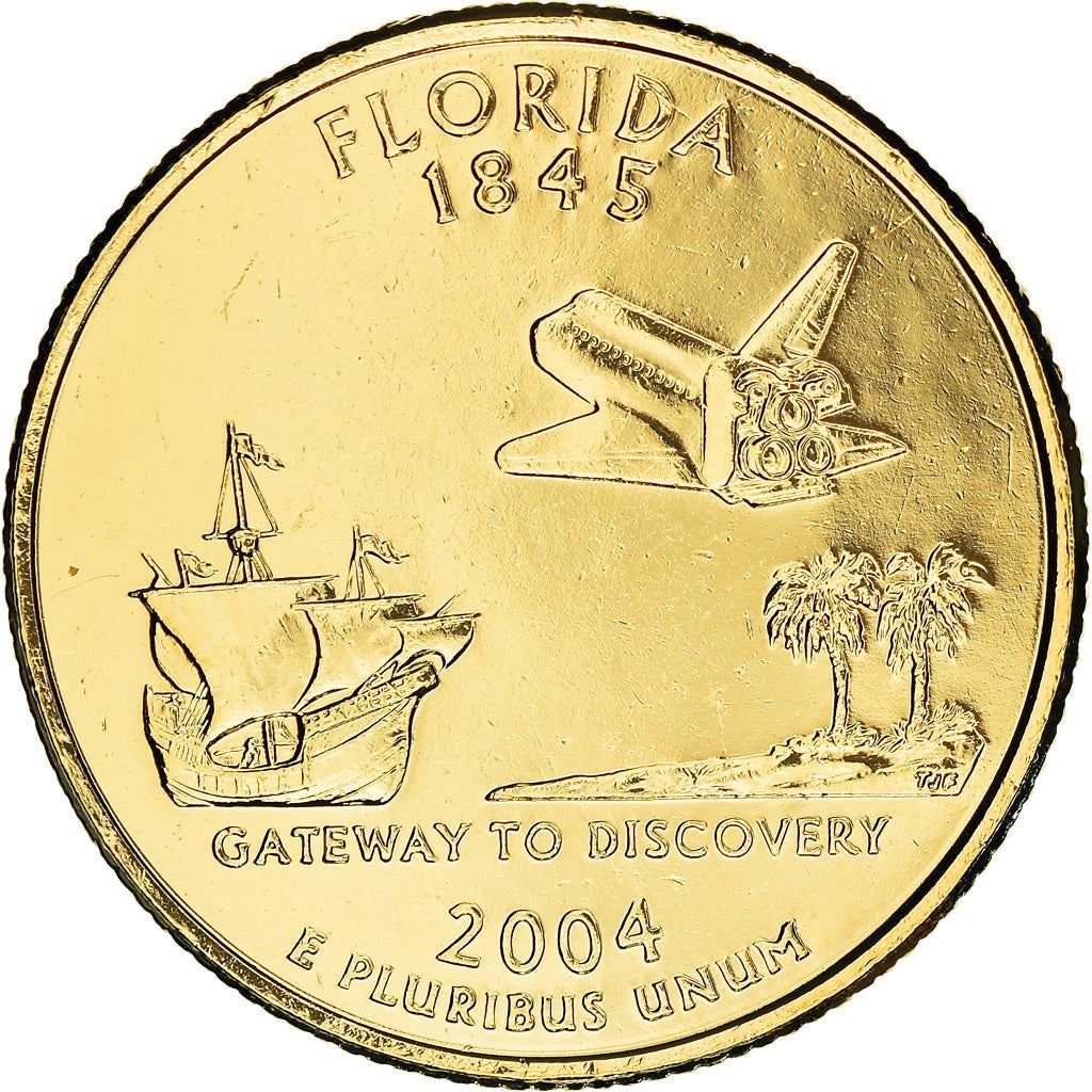 United States Coin American ¼ Dollar | George Washington | Florida | Ship | Spanish Galleon | Cabbage palmettos | Space Shuttle | KM356 | 2004