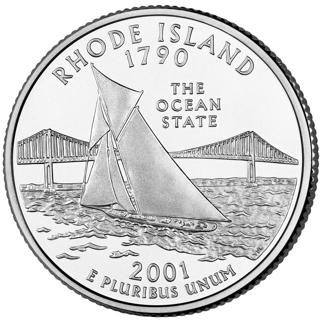 United States Coin American ¼ Dollar | George Washington | Rhode Island | Narragansett Bay | Pell Bridge | Sailboat | KM320 | 2001