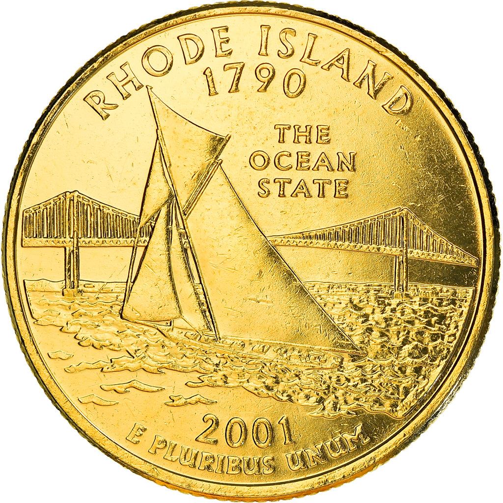 United States Coin American ¼ Dollar | George Washington | Rhode Island | Narragansett Bay | Pell Bridge | Sailboat | KM320 | 2001