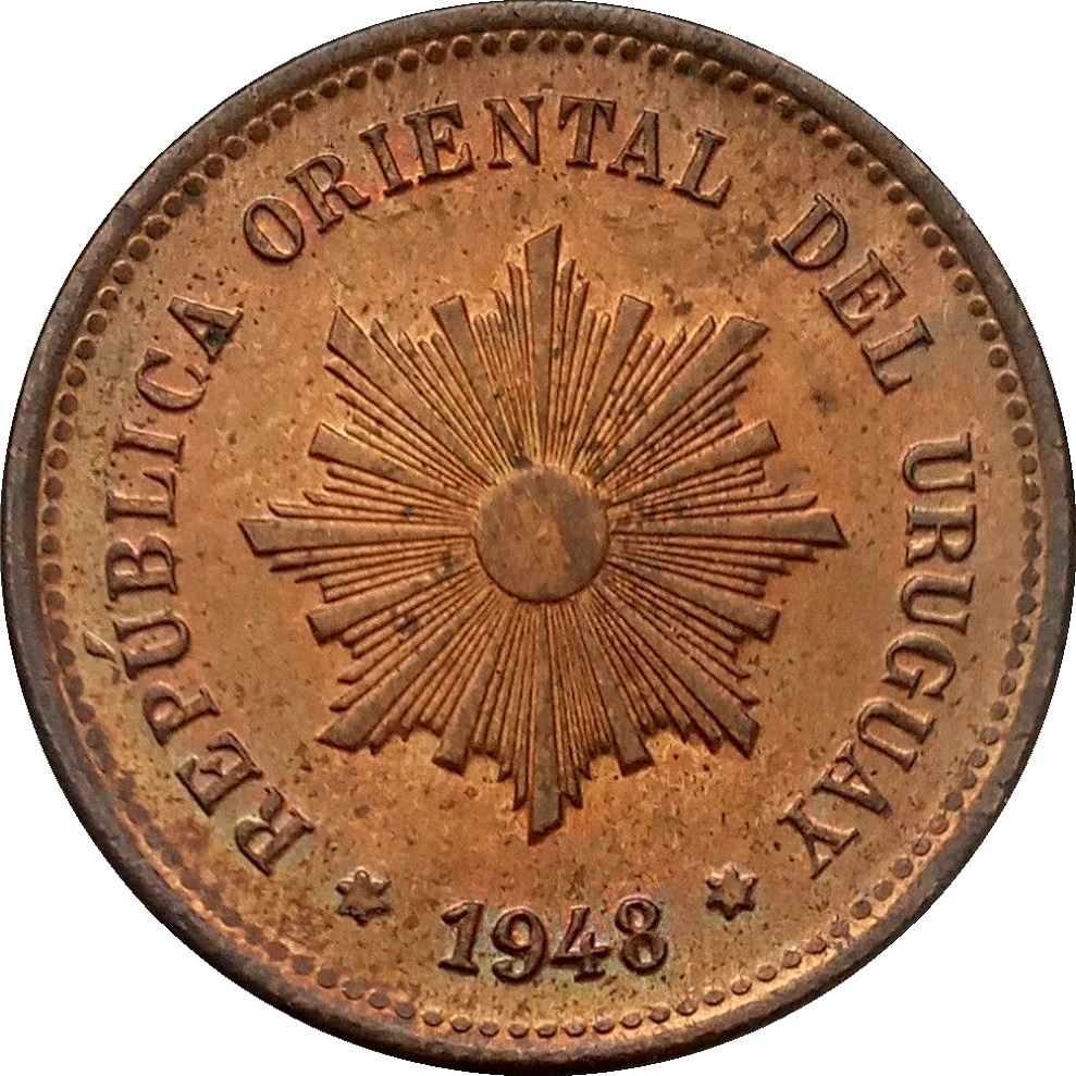 Uruguay 5 Centesimos Coin | Sun | KM21a | 1944 - 1951