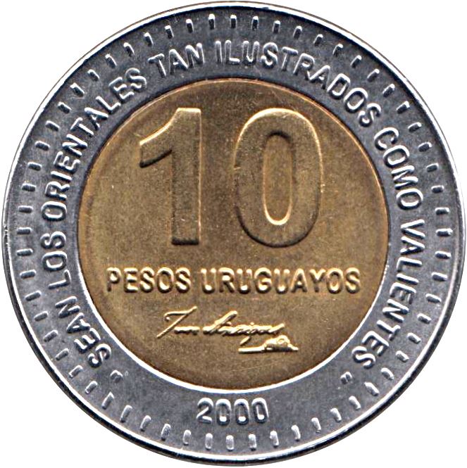 Uruguay Coin 	Uruguayan 10 Pesos | Jose Gervasio Artigas | KM121 | 2000