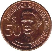 Uruguay Coin Uruguayan 50 Pesos | Uruguayos Independence | Jose Gervasio Artigas | Sun | KM139 | 2011