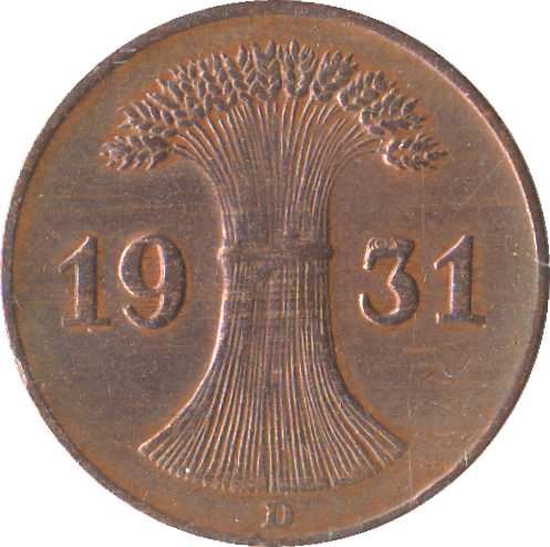 Weimar Republic 1 Reichspfennig Coin | German Reich | KM37 | 1924 - 1936