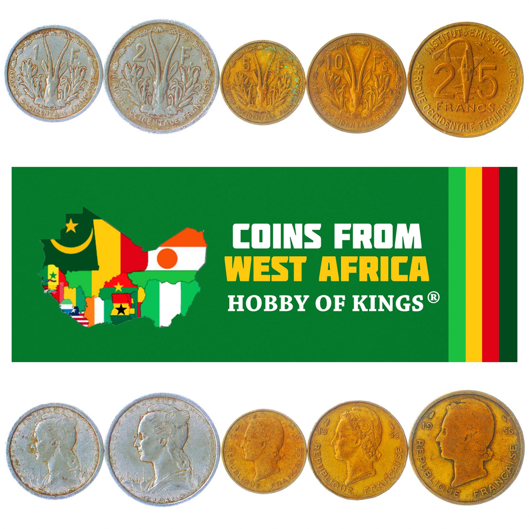 West African 5 Coin Set 1 100 25 50 500 Francs | Nuts | Gazelle | Sawfish | Beans | Grains | Flowers | 1948 - 1956