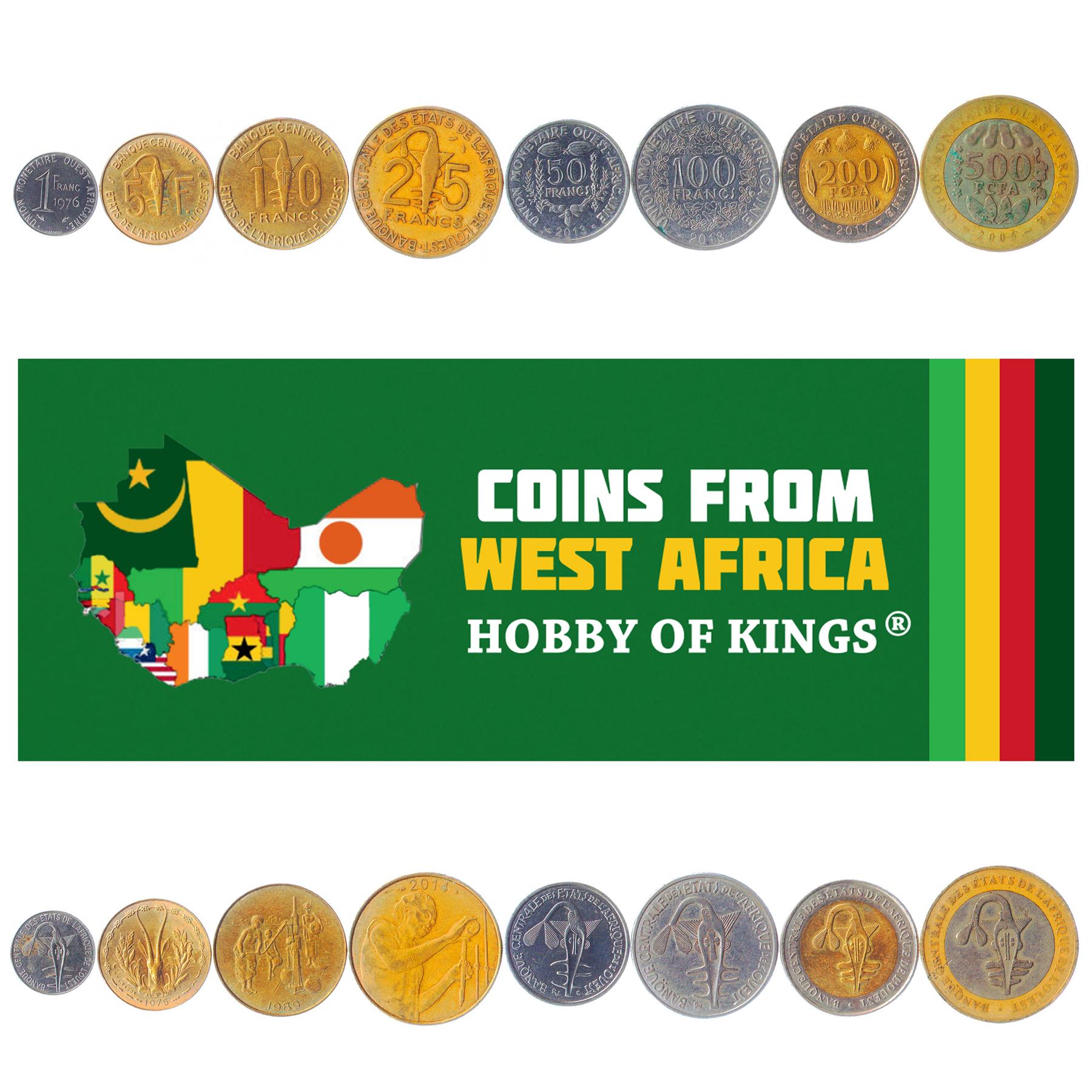 West African 8 Coin Set 1 5 10 25 50 100 200 500 Francs | Nuts | Gazelle | Sawfish | Banana | Corn | 1976 - 2021