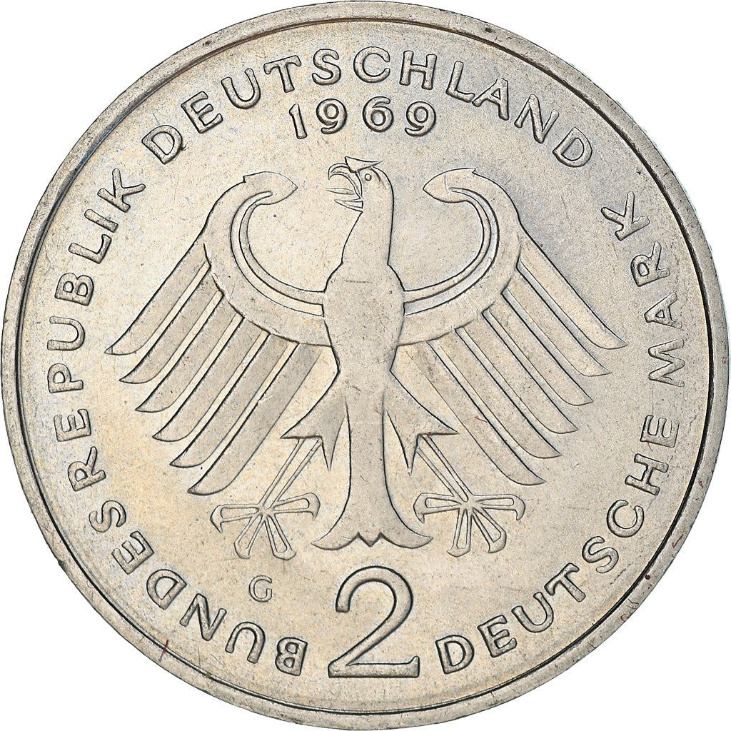 West German 2 Deutsche Mark Coin | Konrad Adenauer | KM124 | 1969 - 1987