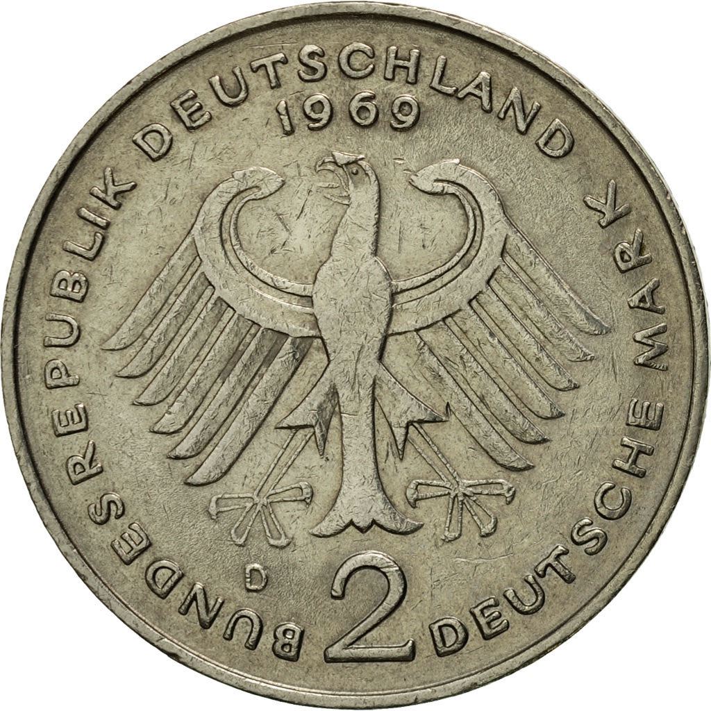 West German 2 Deutsche Mark Coin | Konrad Adenauer | KM124 | 1969 - 1987