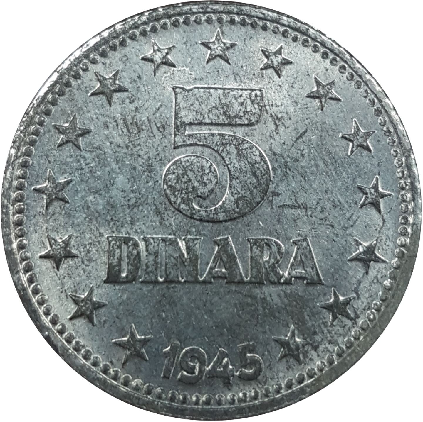 Yugoslavia 5 Dinara Coin | Flame | Stars | KM28 | 1945