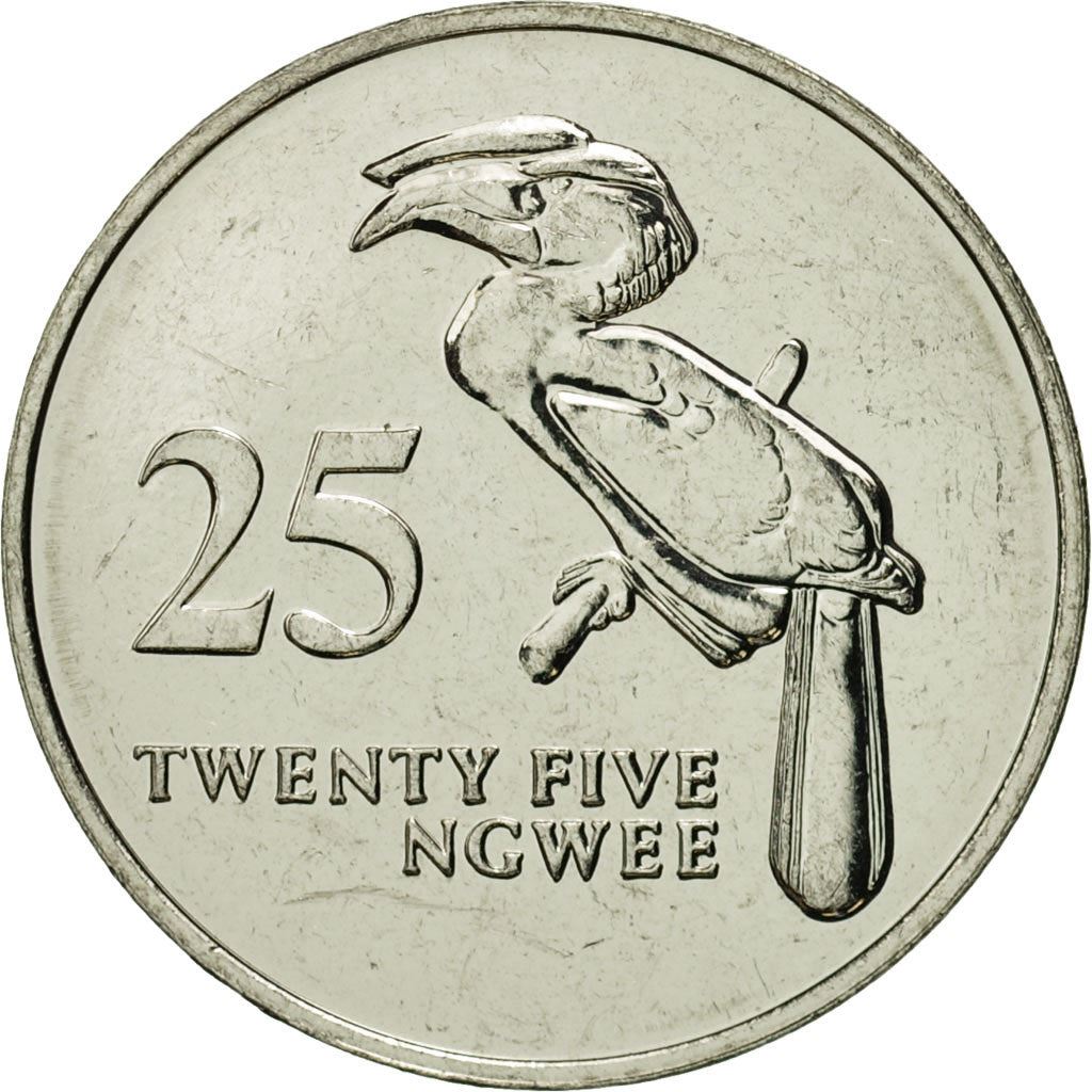 Zambia | 25 Ngwee Coin | Crowned Hornbill | Km:29 | 1992