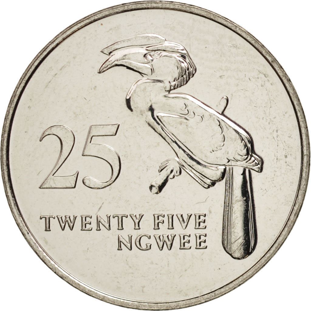 Zambia | 25 Ngwee Coin | Crowned Hornbill | Km:29 | 1992