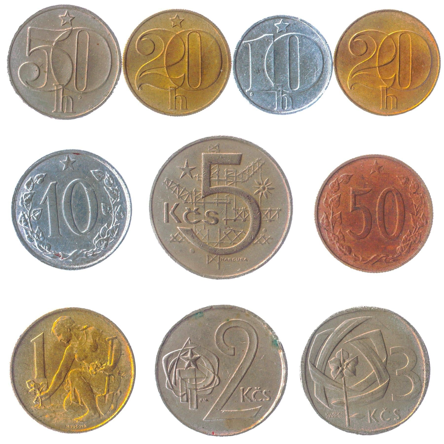 10 Czechoslovak Coins Mixed Heller Koruna Non Existent Country 1953 - 1992