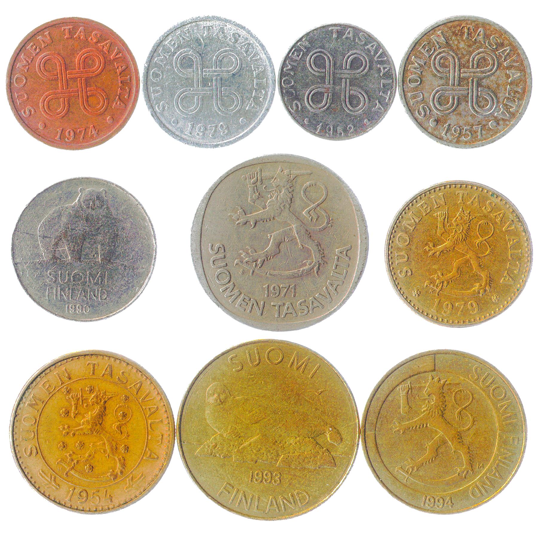 10 Finnish Finn Coins | Markka Penniä Penni | Saint Hannes cross | Heraldic lion | Icebreaker "Varma" | Brown bear | Lily of the Valley | Haircap Moss | 1963 - 2001