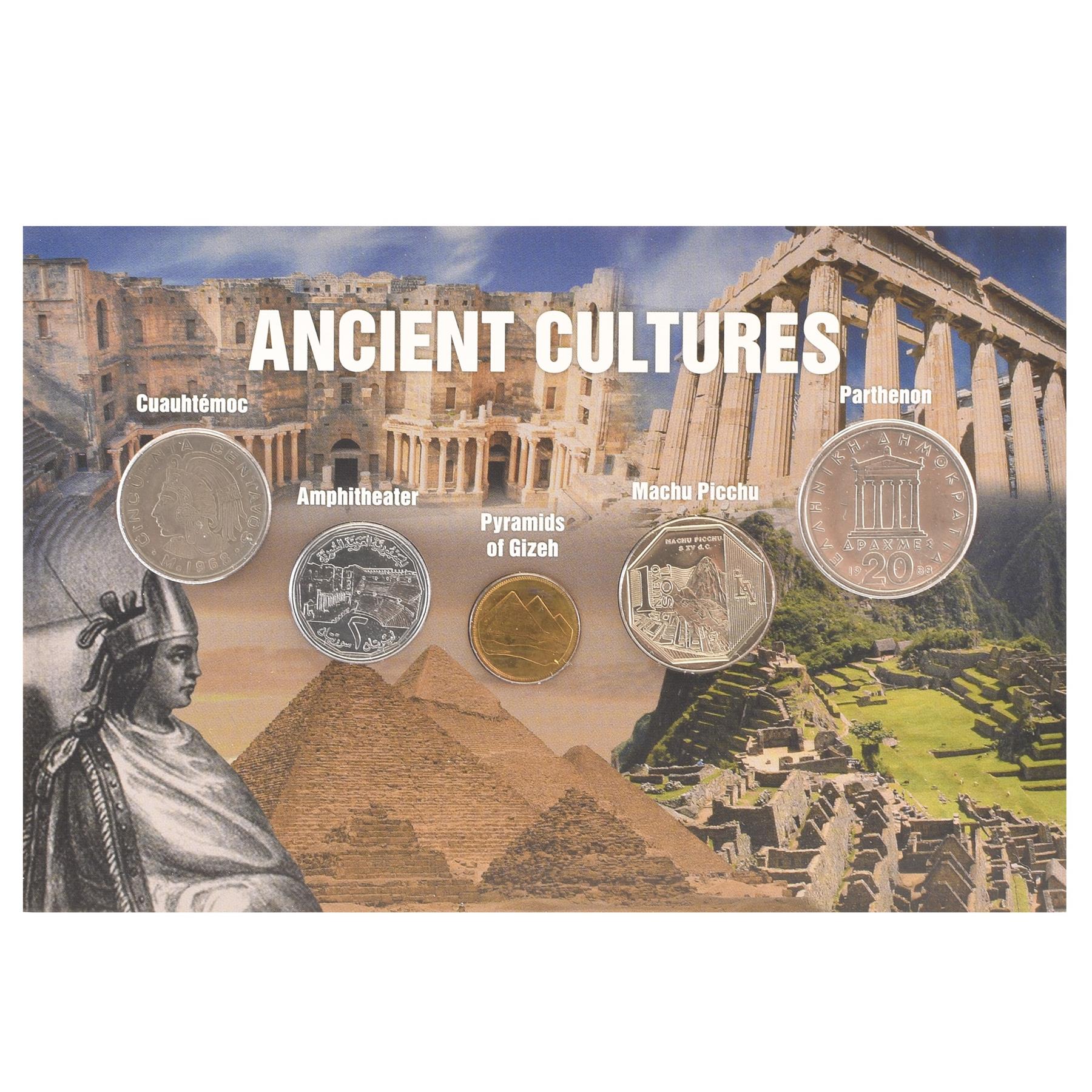 5 Coin Set Ancient Cultures | Blistercard | Cuauhtemoc | Amphitheater | Pyramids of Giza | Machu Picchu | Parthenon | Acropolis