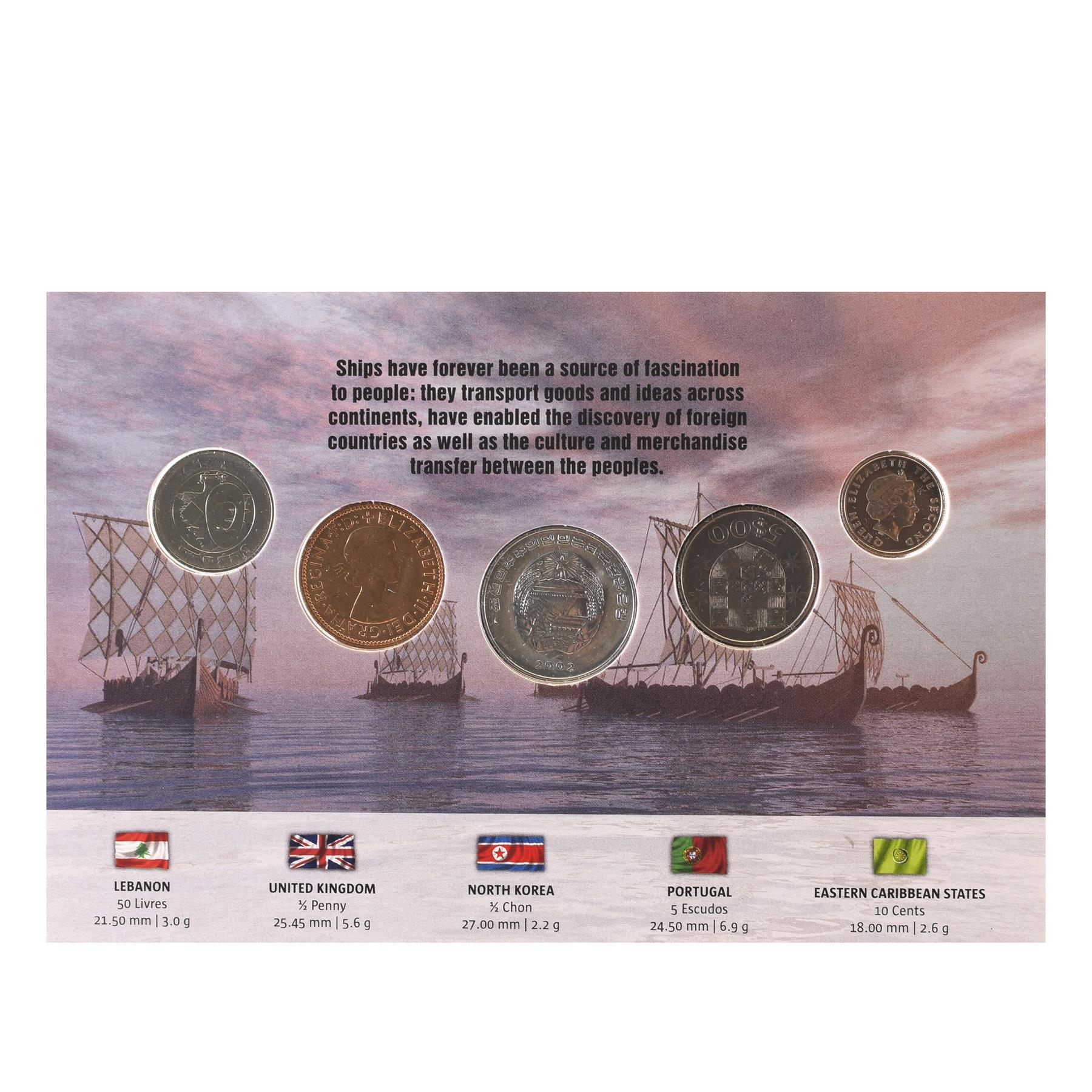 5 Coin Set Ships | Sailing Ship | Longships | Sailing Boats | Lebanese 50 Livres | UK 1/2 Penny | Korea | Portuguese 5 Escudos | Eastern Caribbean States