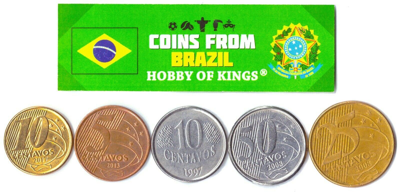 5 Mixed Brazilian Coins | Centavos | Cruzeiros | Latin American Money | Collectible Currency | Famous Personalities