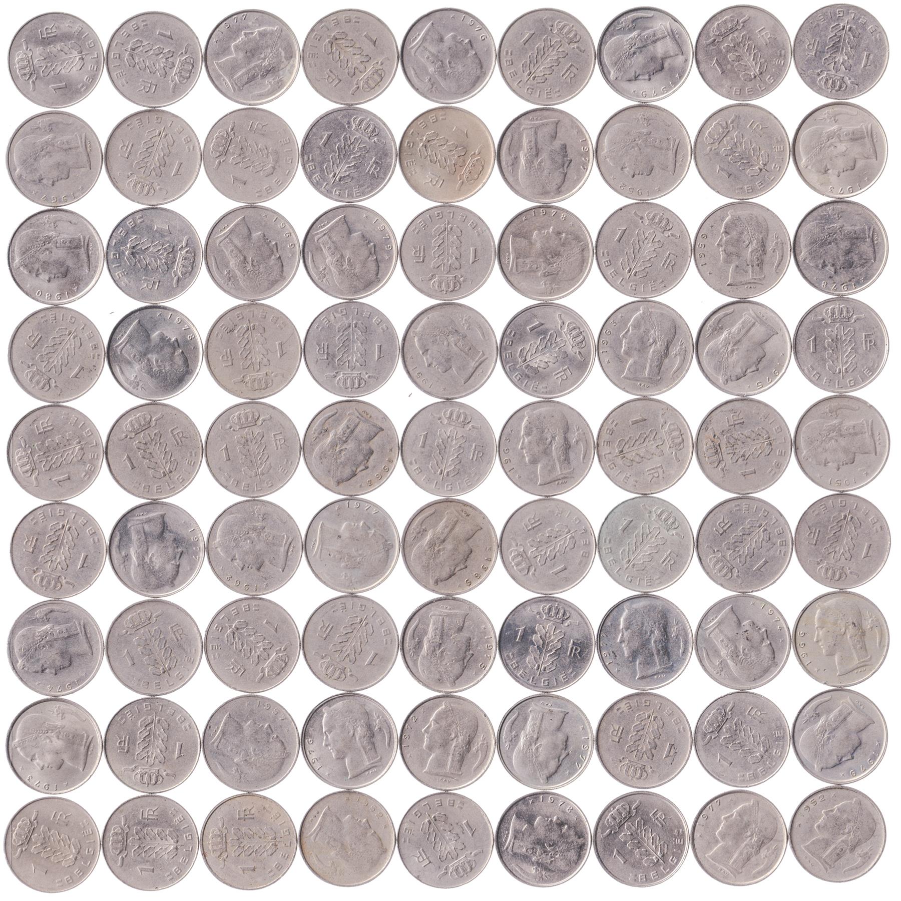 Belgian 1 Franc | 100 Coins | Baudouin I Belgie | Belgium | Cornucopia | Oak | Star | 1950 - 1988