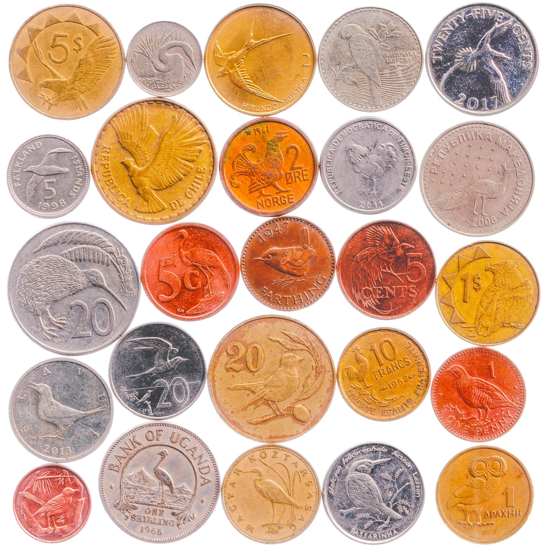 Coins With Feathered Birds Many Species Parrots Hawks Roosters Eagles Warblers