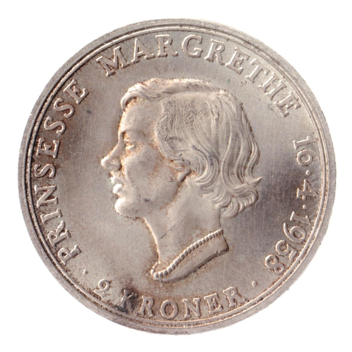 Danish Coin 2 Kroner | Frederik IX | Princess Margarethe | KM845 | Denmark | 1958