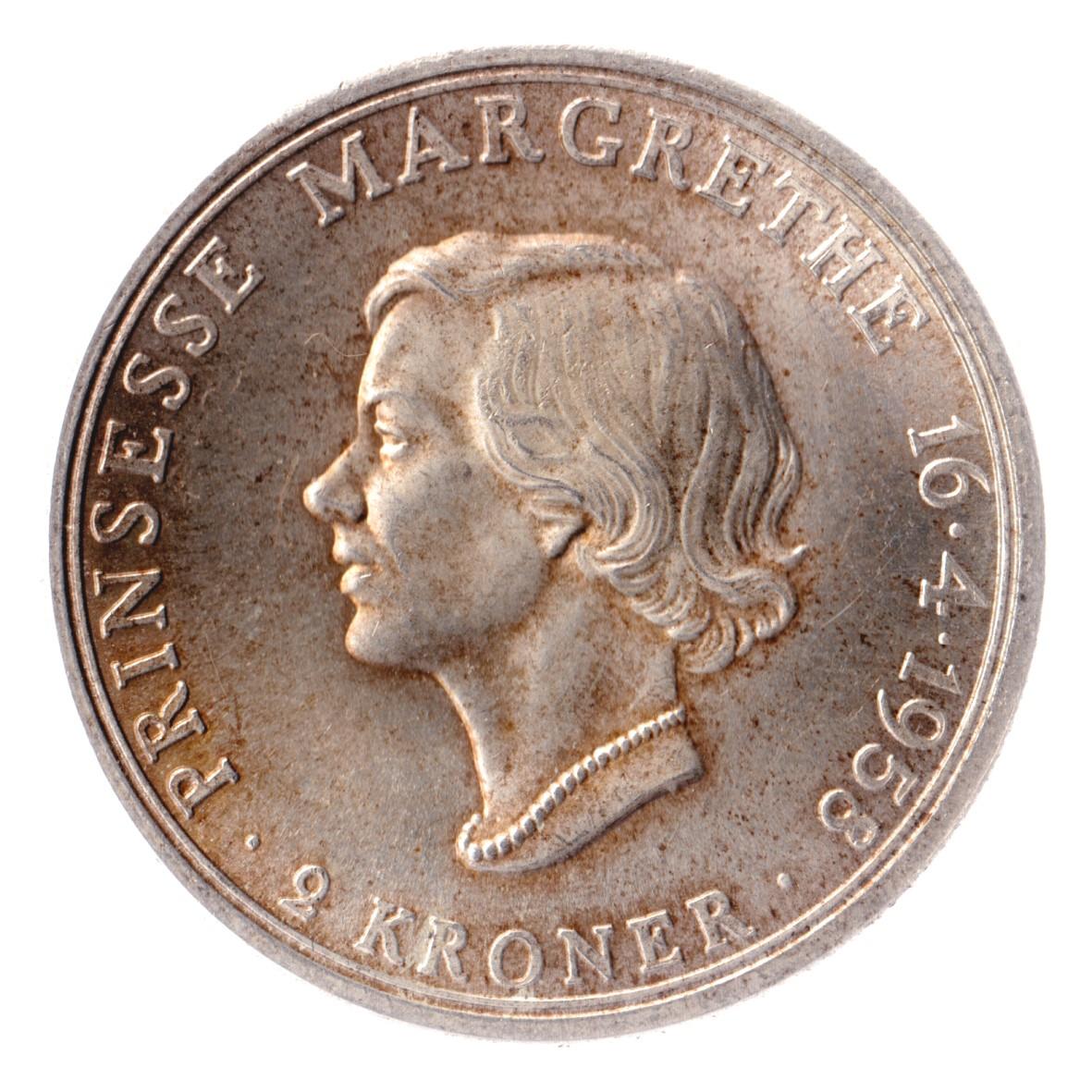 Danish Coin 2 Kroner | Frederik IX | Princess Margarethe | KM845 | Denmark | 1958