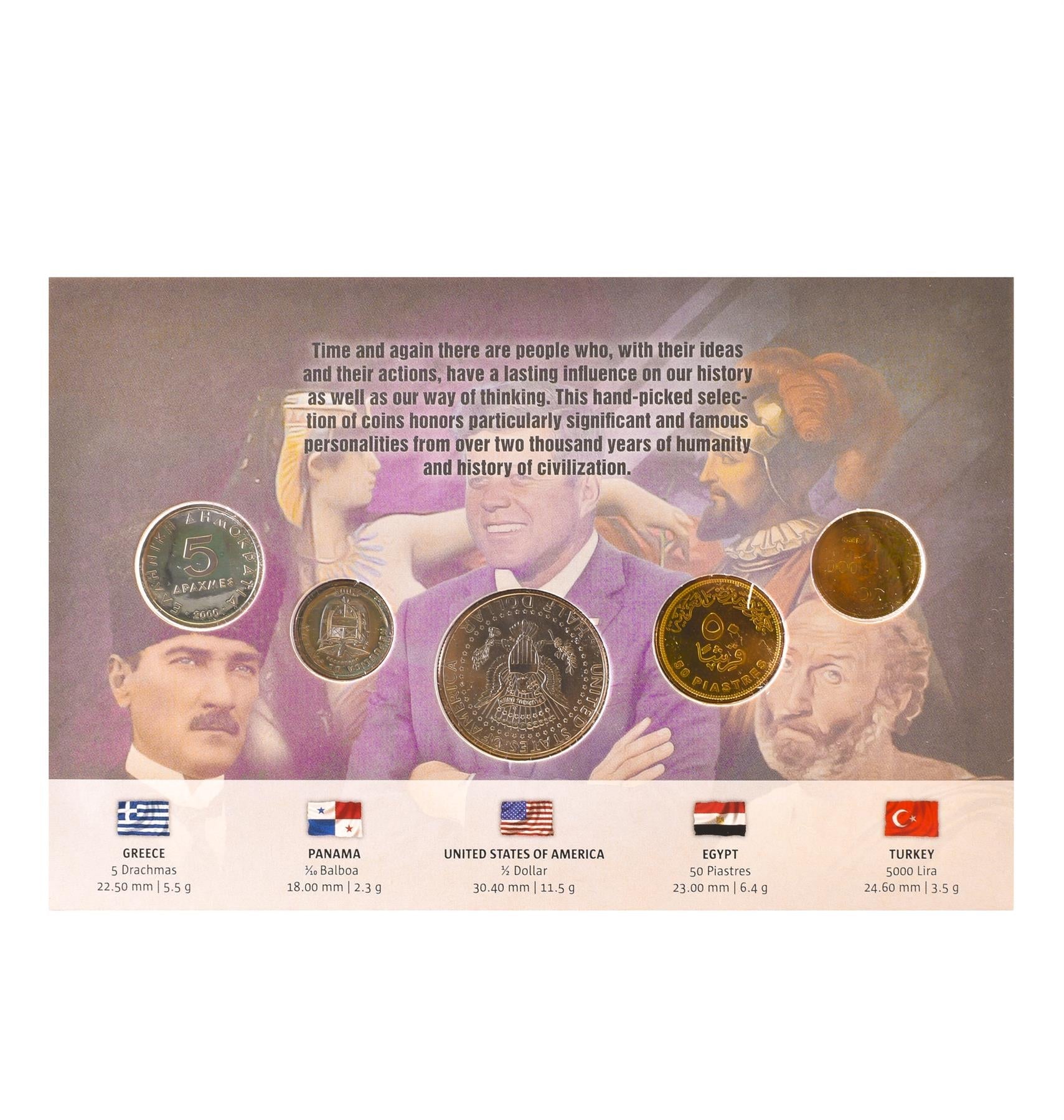 Famous Personalities | 5 Coin Set | Aristotle | Vasco Nunez de Balboa | John F. Kennedy | Cleopatra | Mustafa Kemal Ataturk