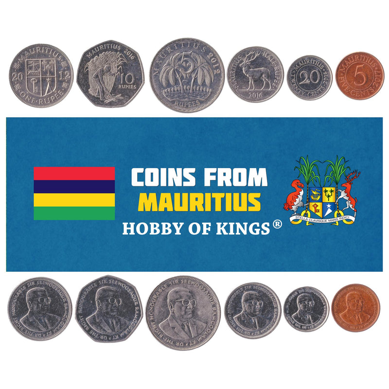 Mauritian 6 Coin Set ½ 1 5 10 Rupees 5 20 Cents | Sugar cane | Palm | Deer | Seewoosagur Ramgoolam | Sword | Stag Shield | Key | 2012 - 2010
