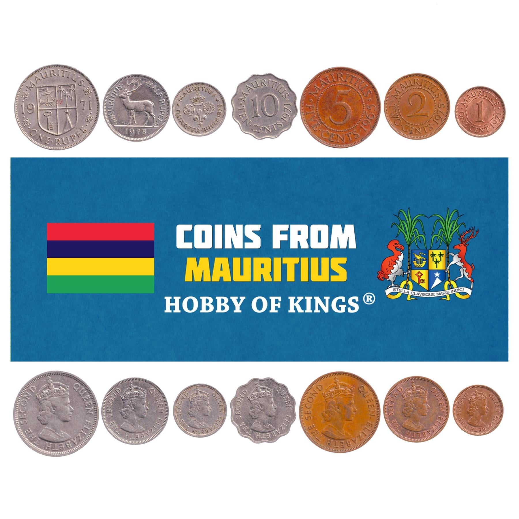 Mauritian 7 Coin Set 1 2 5 10 Cents ¼ ½ 1 Rupees | Lotus | Deer | Queen Elizabeth II | Lily | 1953 - 1978