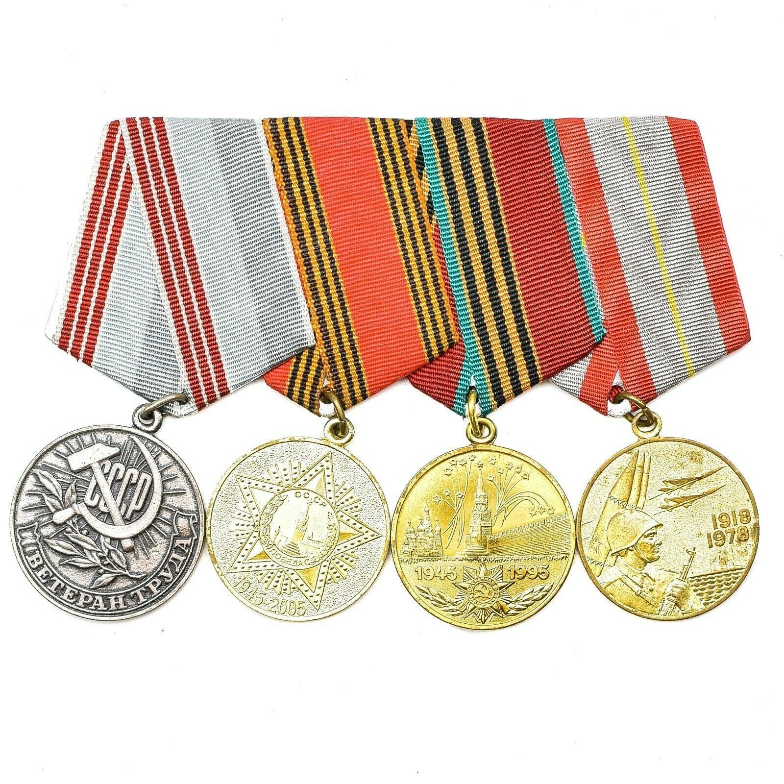 Soviet Russian Set 4 Medals With Ribbons Military WW2 Veteran Awards Army Badges