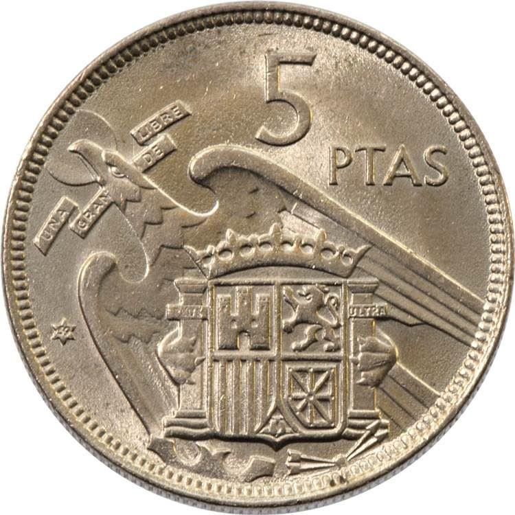 Spain 5 Pesetas | 100 Coins | Francisco Franco | Eagle of Saint John | KM786 | 1957